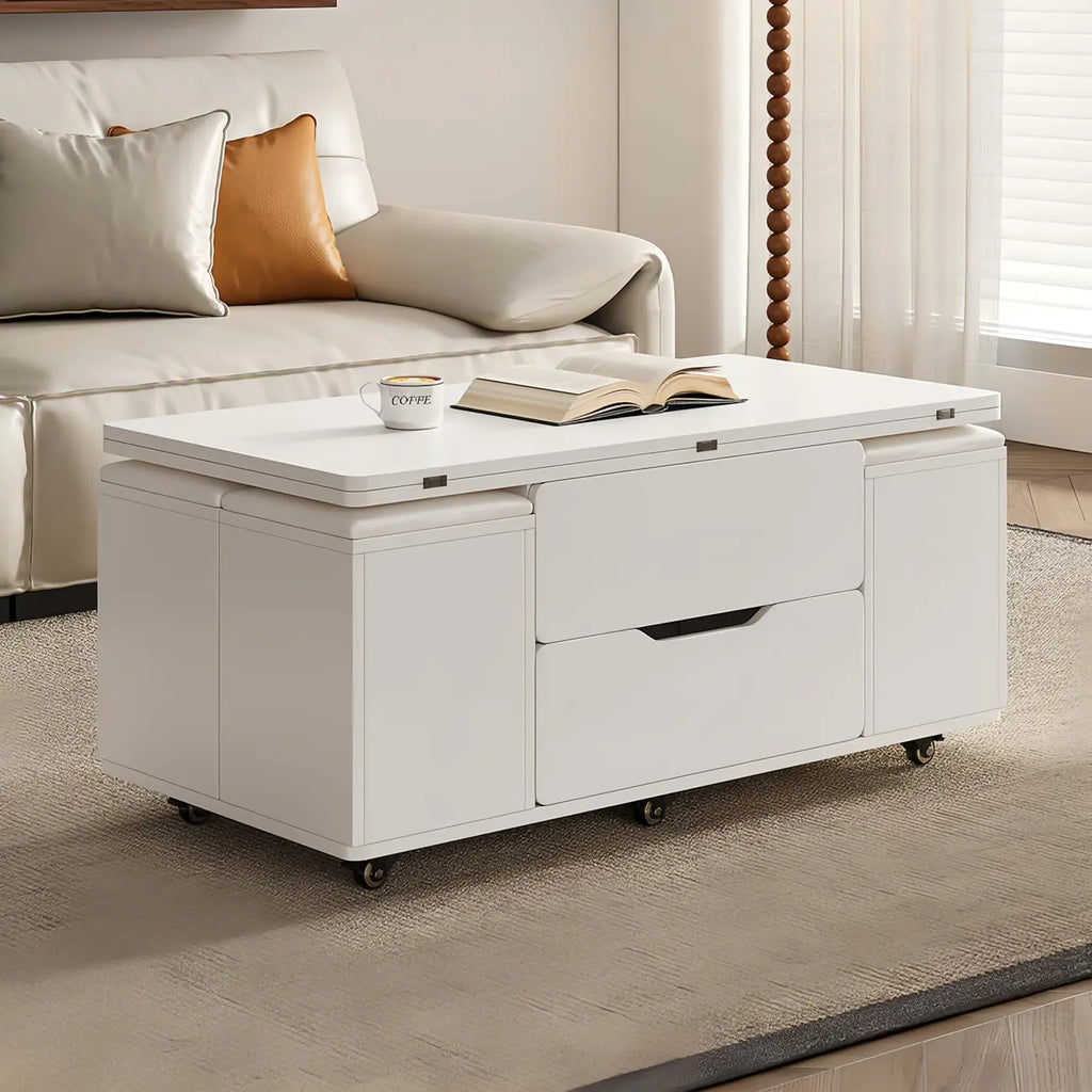 Table basse relevable et pliable avec 4 tabourets et rangement
