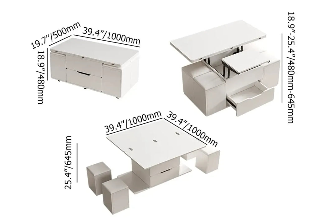 Table basse relevable et pliable avec 4 tabourets et rangement