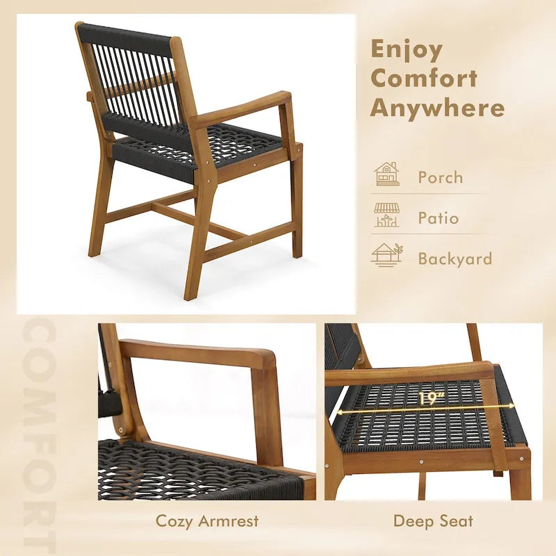 Chaises de salle à manger Gymax Patio 4 pièces en bois d'acacia avec corde tressée résistante aux intempéries