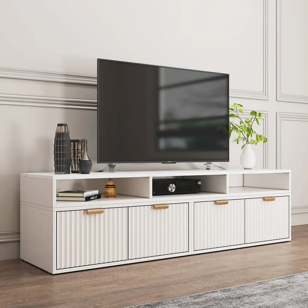 Meuble TV d'angle moderne blanc avec 2 tiroirs et étagère ouverte