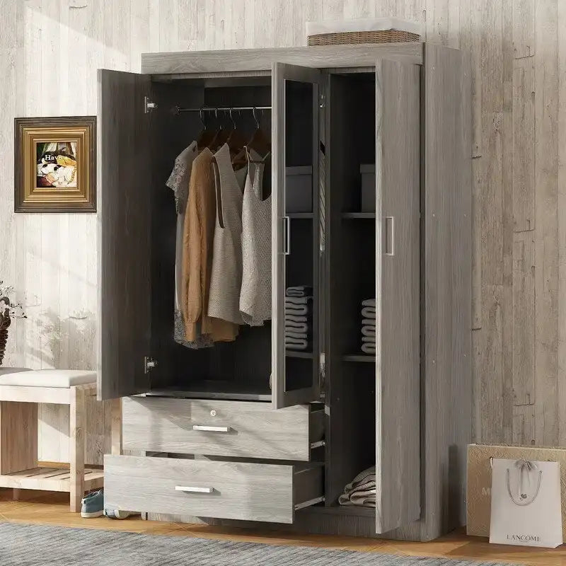 Armoire-penderie 3 portes avec miroir, étagères et 2 tiroirs