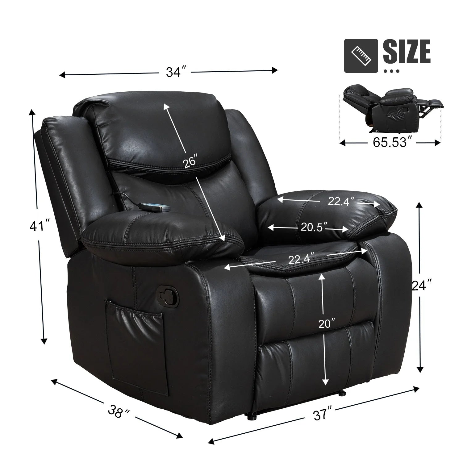 Fauteuil inclinable en cuir, large, durable, avec massage et chauffage