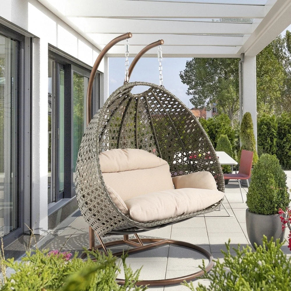 LeisureMod Fauteuil suspendu œuf 2 places avec support - Balançoire hamac de patio en rotin osier intérieur/extérieur avec coussins