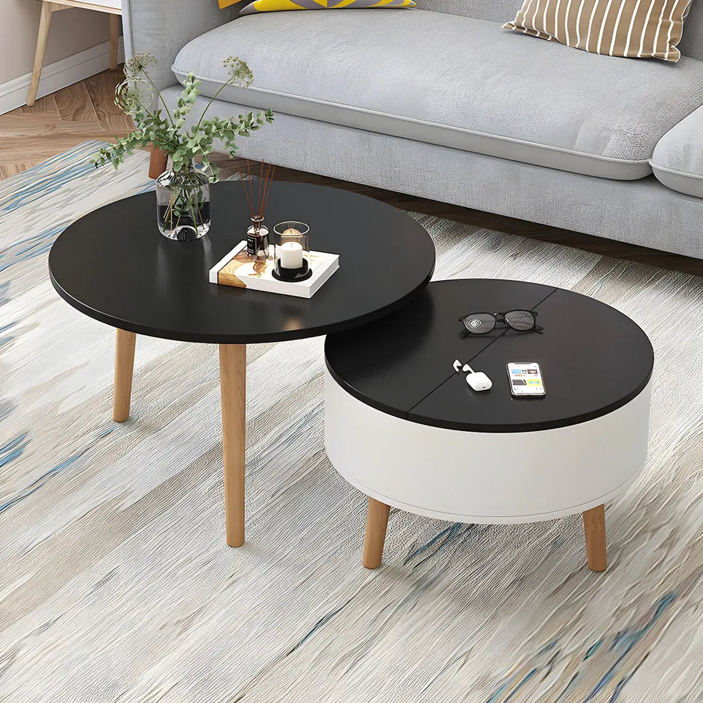 Table basse ronde en bois noir et blanc moderne avec rangement
