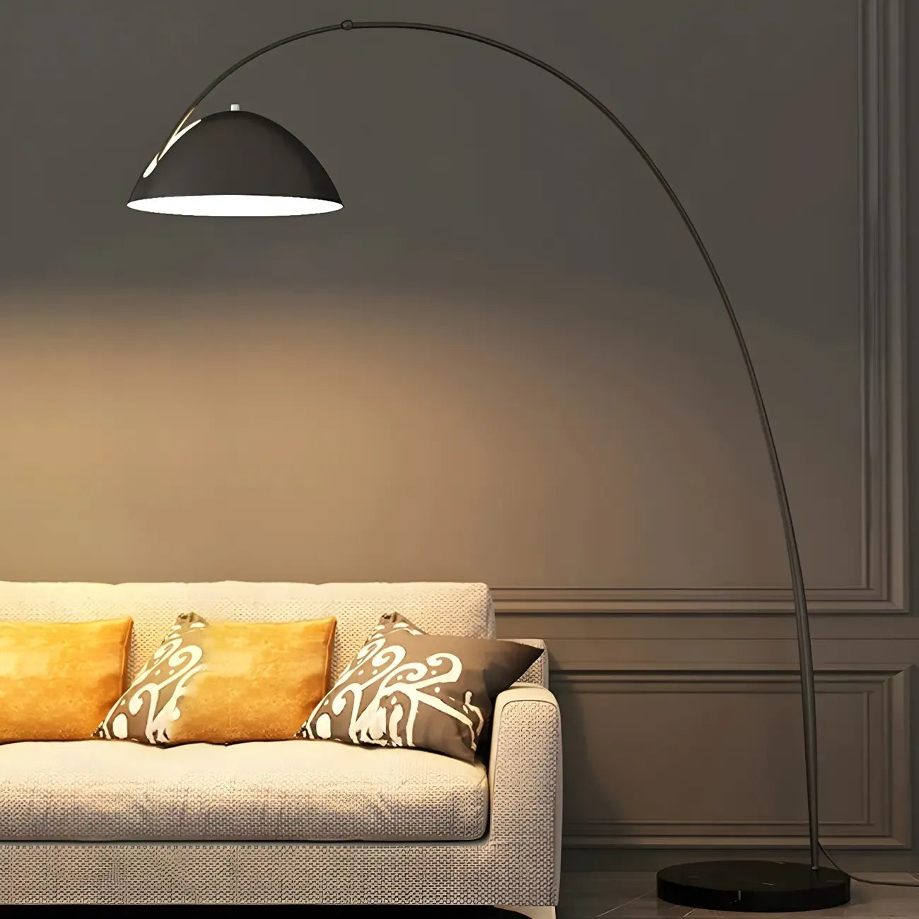 Lampadaire à Arc en Métal Noir avec Abat-jour Dôme Réglable