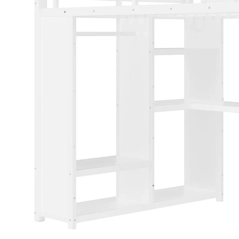 Lit mezzanine Queen - Armoire et bureau intégrés, cadre métallique avec étagères