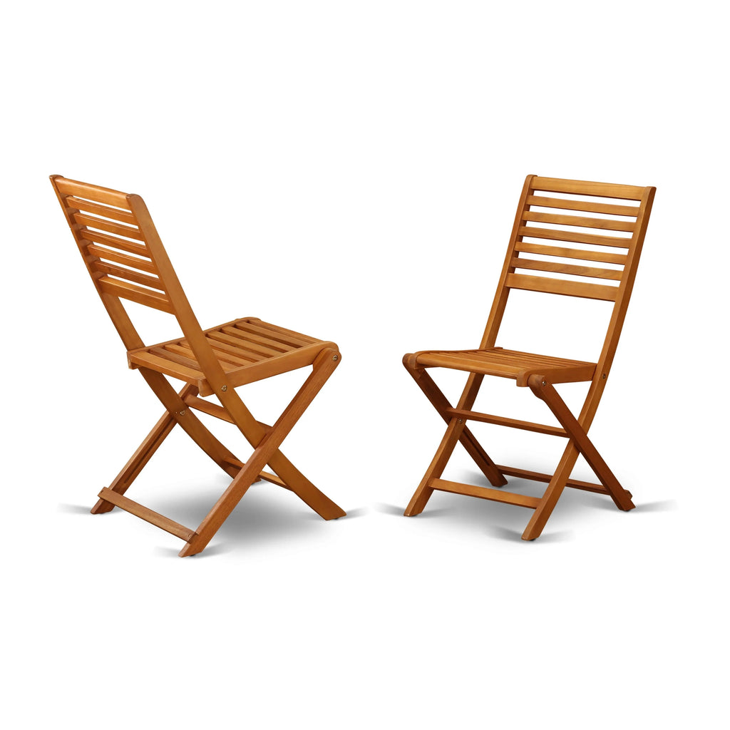 East West Furniture Ensemble Bistro de Conversation d'Extérieur avec Table Basse Ronde en Bois et 2 Chaises Pliantes, Huile Naturelle