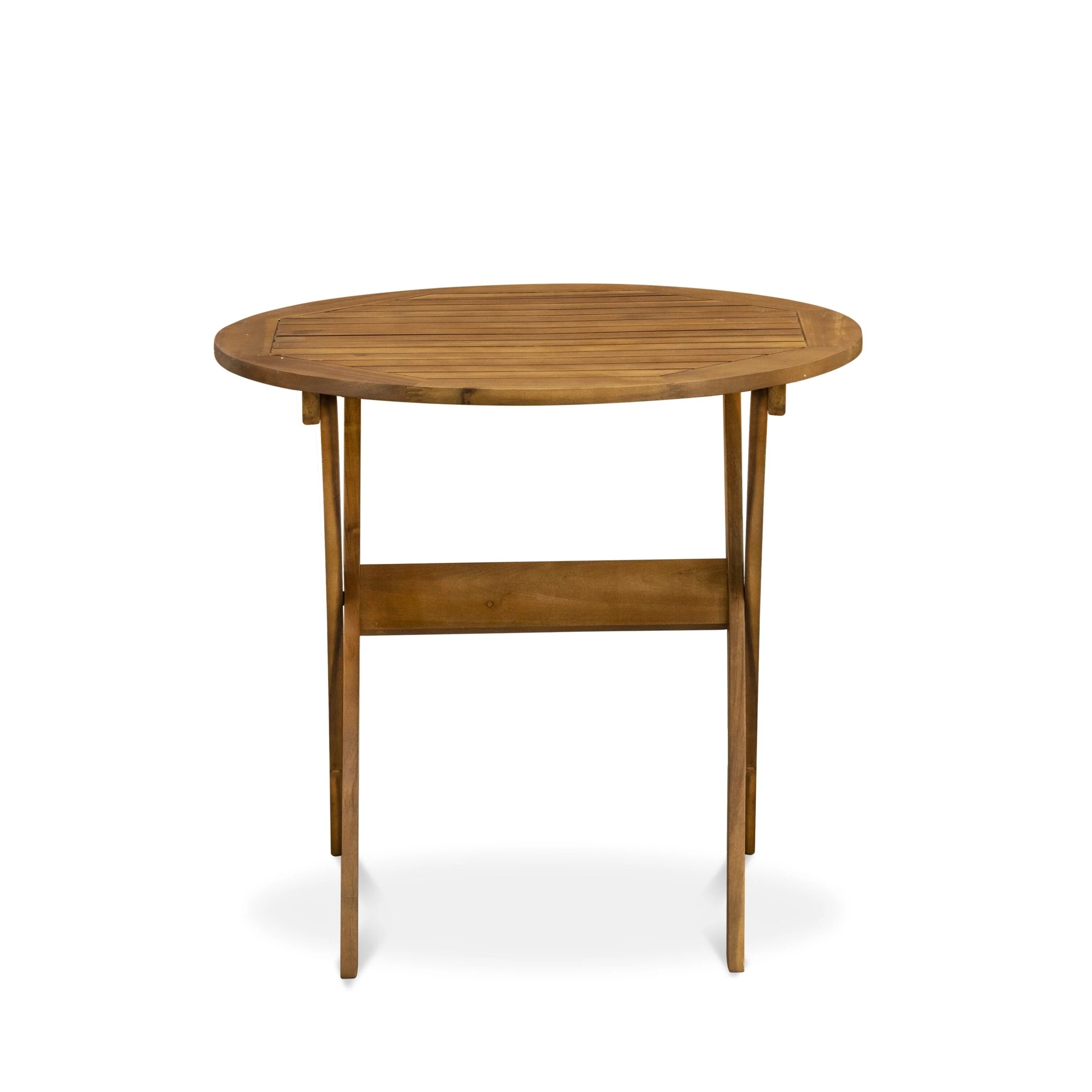 East West Furniture Ensemble Bistro de Conversation d'Extérieur avec Table Basse Ronde en Bois et 2 Chaises Pliantes, Huile Naturelle