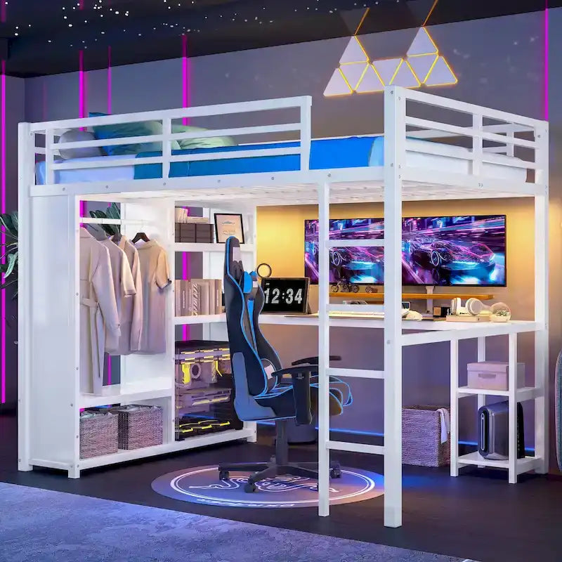 Lit mezzanine Queen - Armoire et bureau intégrés, cadre métallique avec étagères