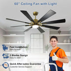 Ventilateur de plafond télécommandé avec lumières, grandes 8 pales en bois