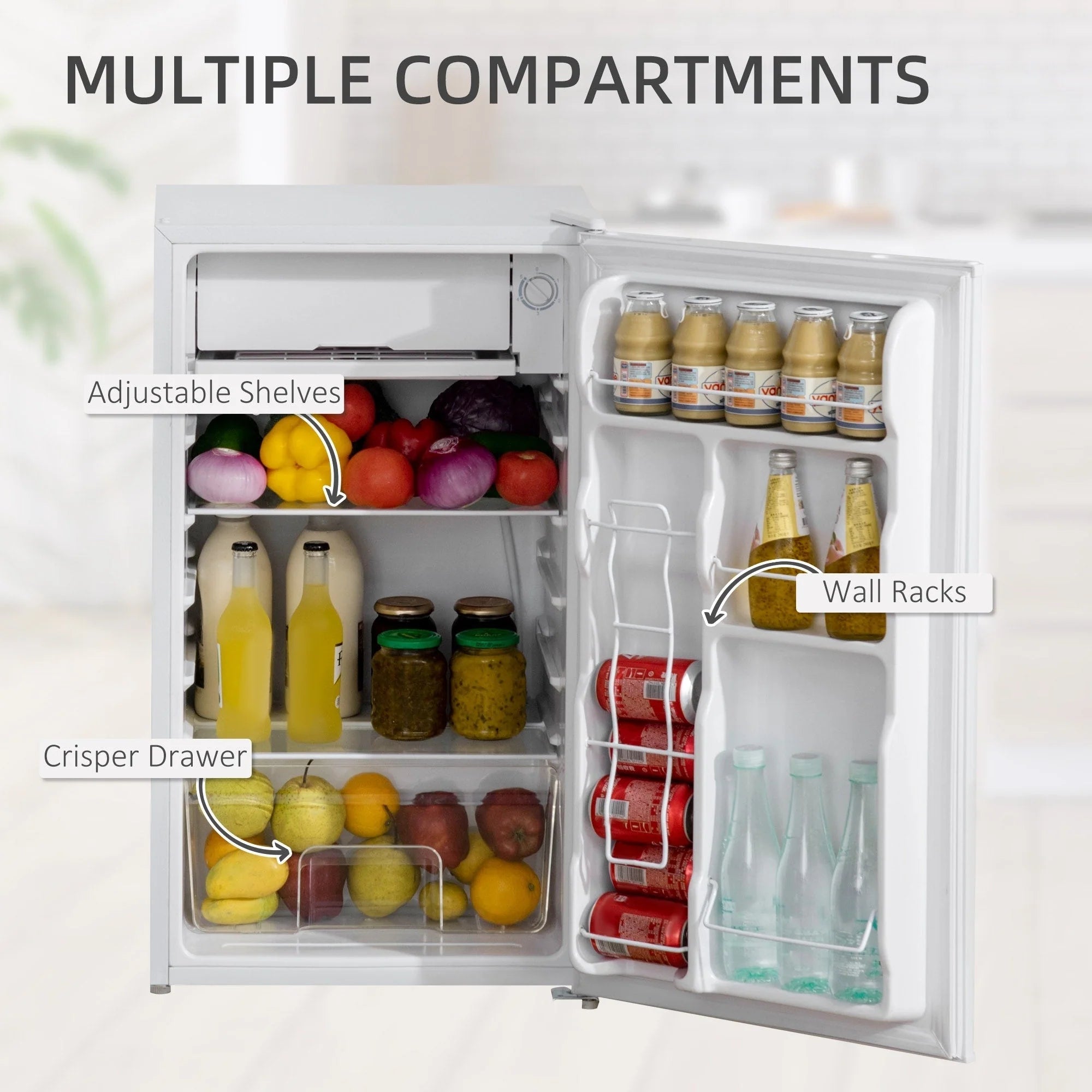 HOMCOM Mini-réfrigérateur avec congélateur 90 L, réfrigérateur compact à porte unique avec thermostat réglable pour chambre à coucher