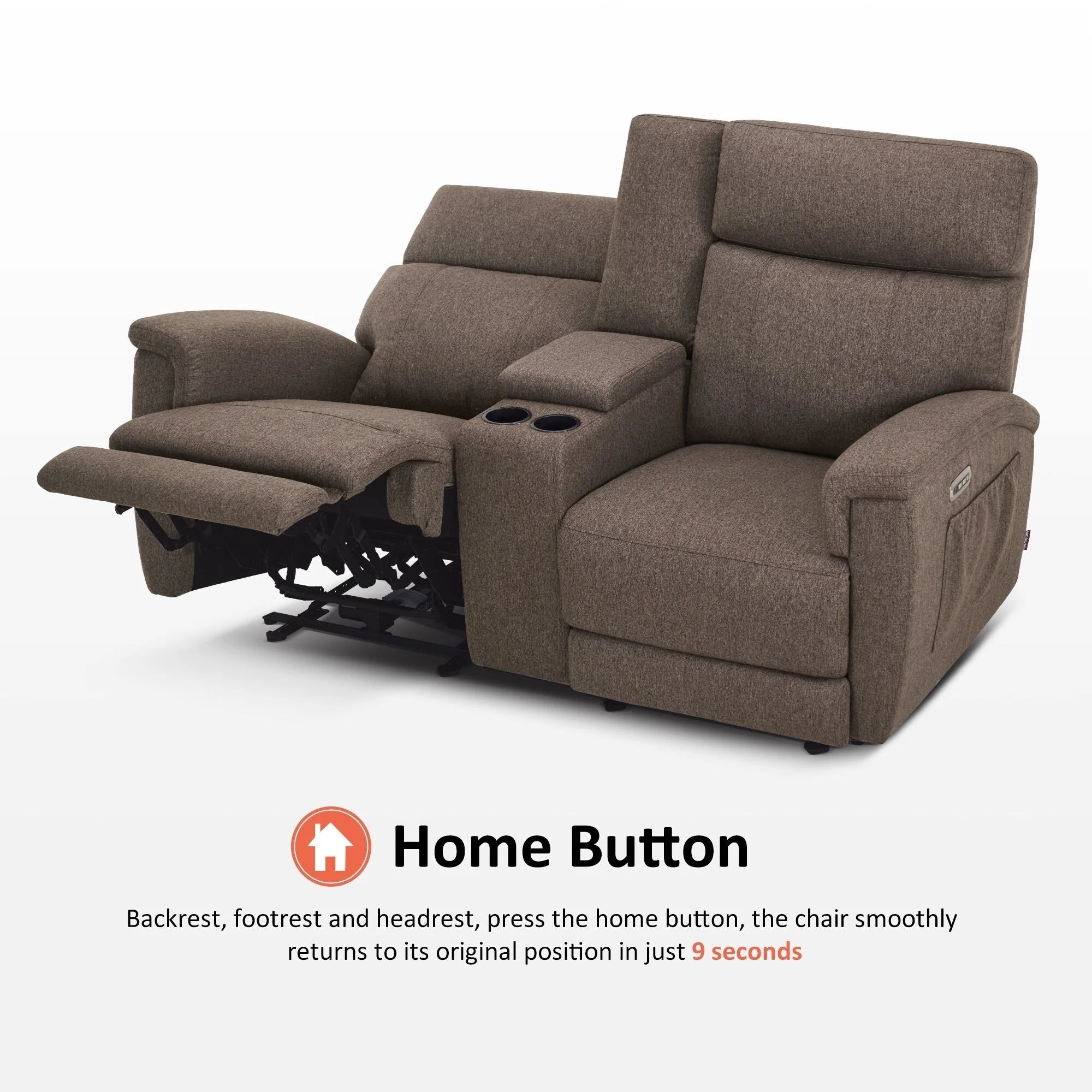 Canapé inclinable électrique biplace MCombo 60.2 avec massage et double chauffage, appuie-tête réglable, ports USB et USB-C, en tissu