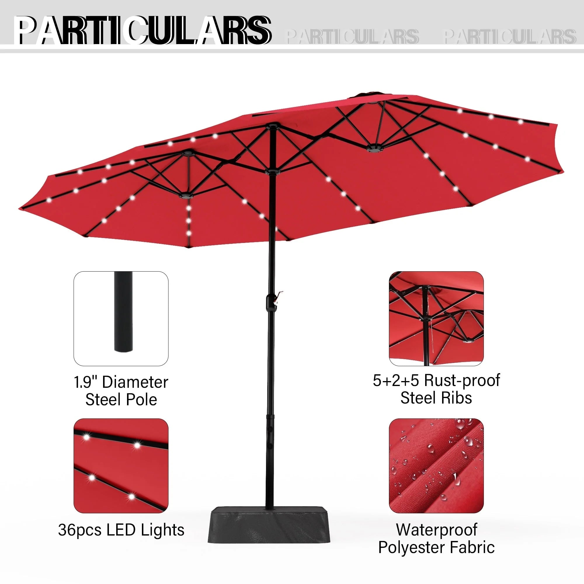MAISON ARTS Parasol de marché extérieur rectangulaire de 4,5 m avec manivelle, double face, lumières LED solaires et base incluse