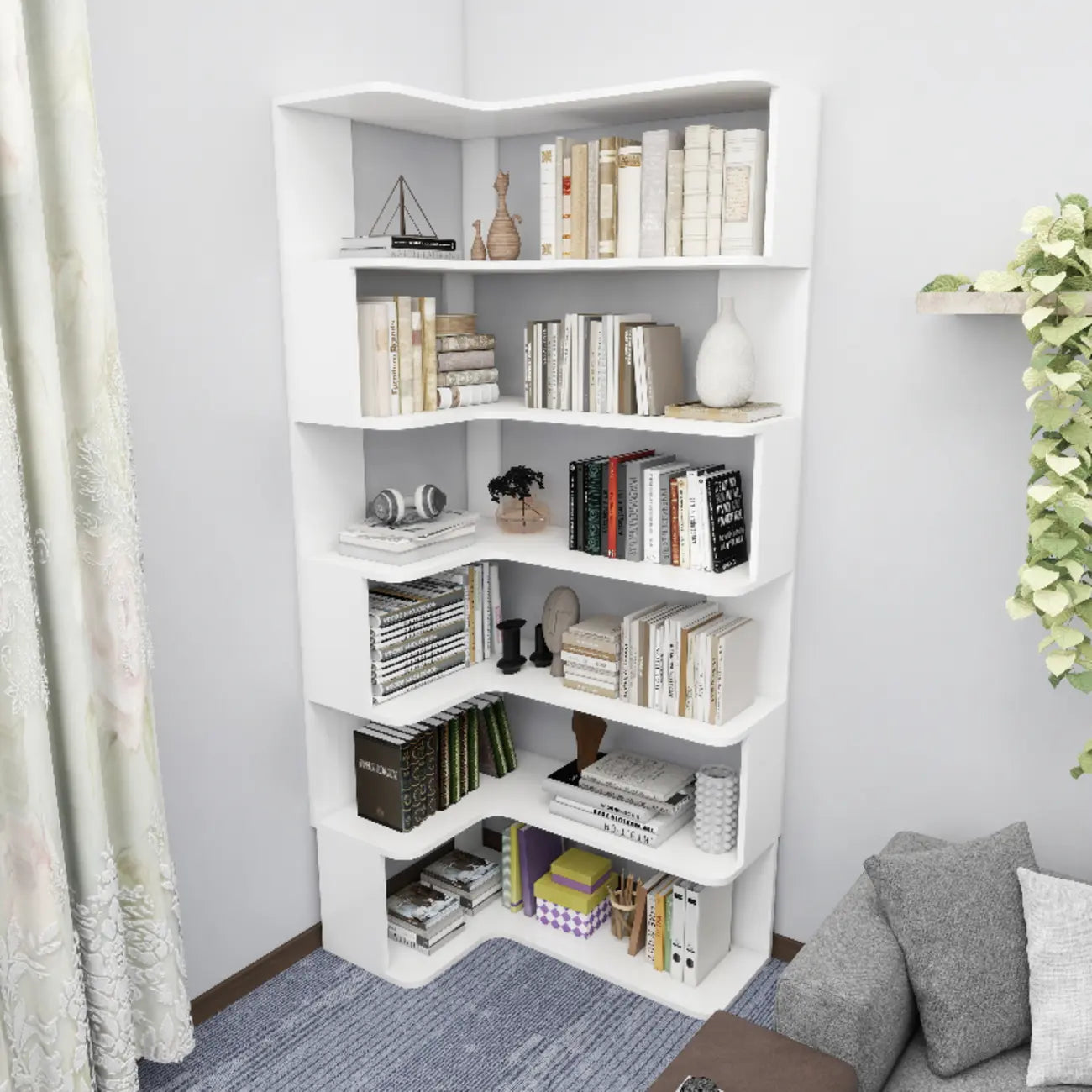 Étagère d'angle en bois manufacturé avec 6 tablettes