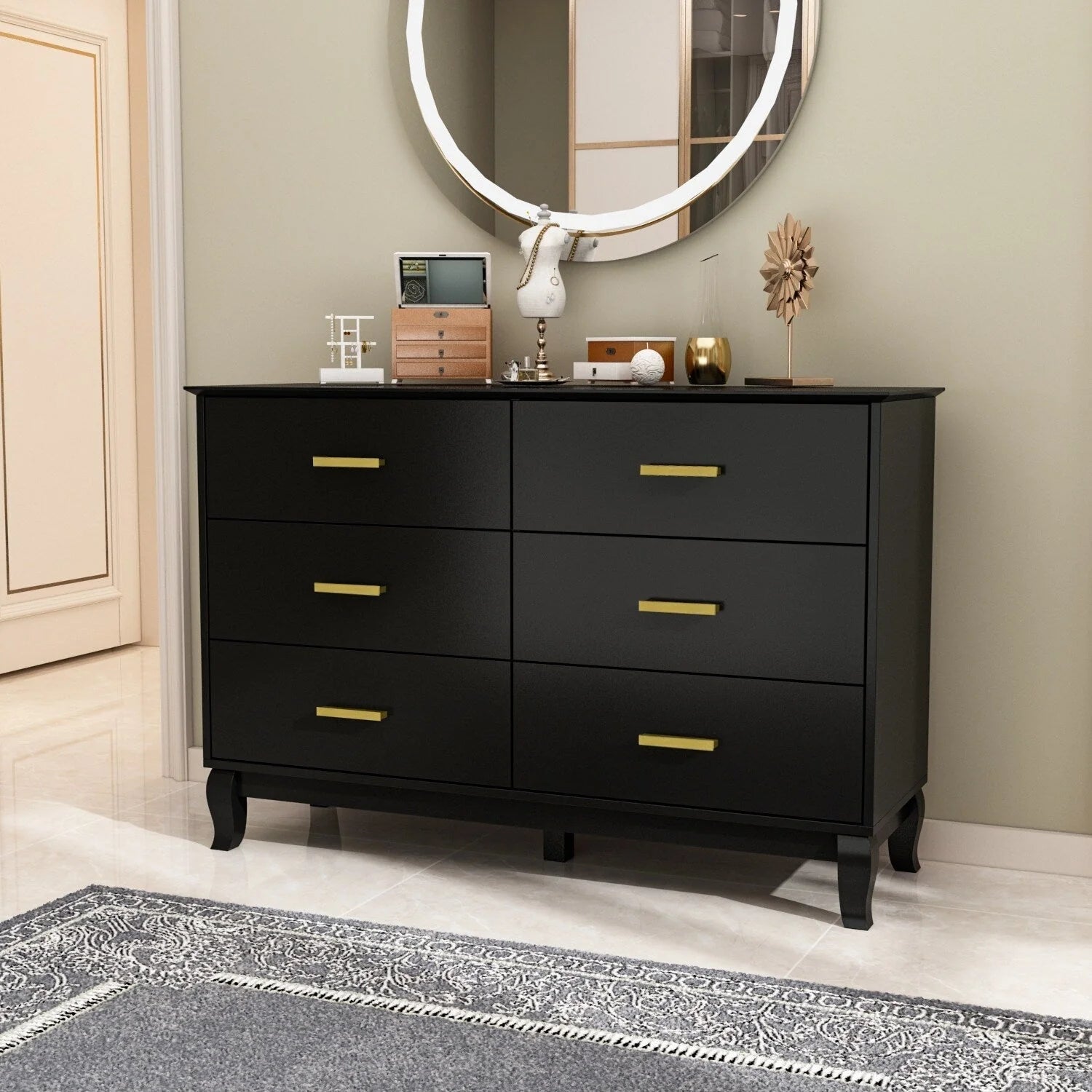 Commode double Timechee à 6 tiroirs, 120 cm de large, pieds en bois massif, finition laquée