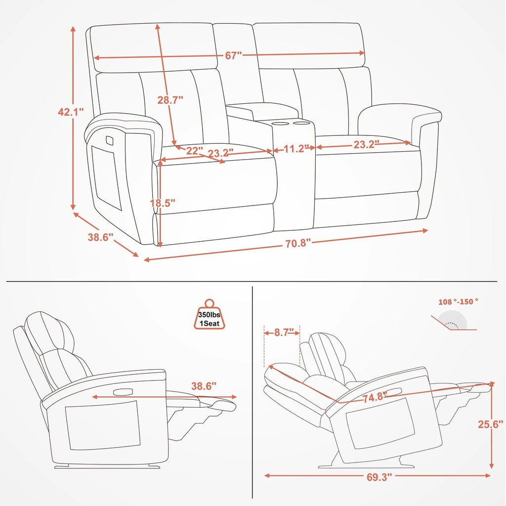 Canapé inclinable électrique biplace MCombo 60.2 avec massage et double chauffage, appuie-tête réglable, ports USB et USB-C, en tissu
