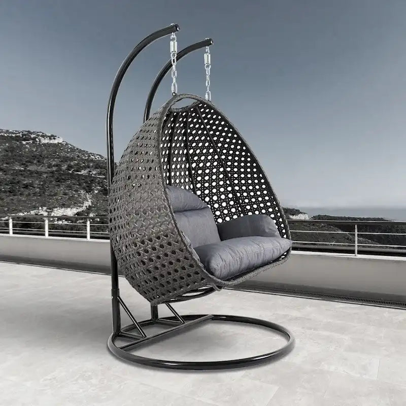 LeisureMod Fauteuil suspendu œuf 2 places avec support - Balançoire hamac de patio en rotin osier intérieur/extérieur avec coussins