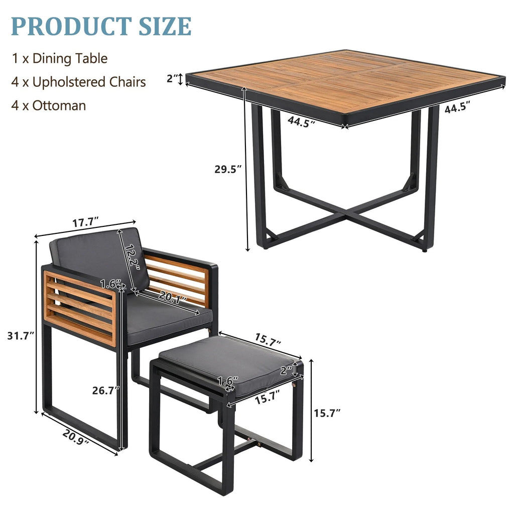 Ensemble de salle à manger de patio en bois d'acacia de 18 pièces, 8 chaises coussinées et 8 poufs et 2 tables carrées