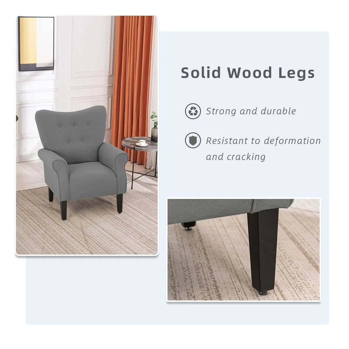 Fauteuil d'appoint moderne Erommy, fauteuil à dossier haut, canapé individuel en tissu capitonné avec pieds en bois pour salon