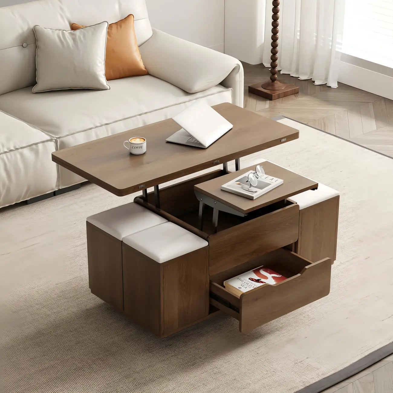 Table basse relevable et pliable avec 4 tabourets et rangement