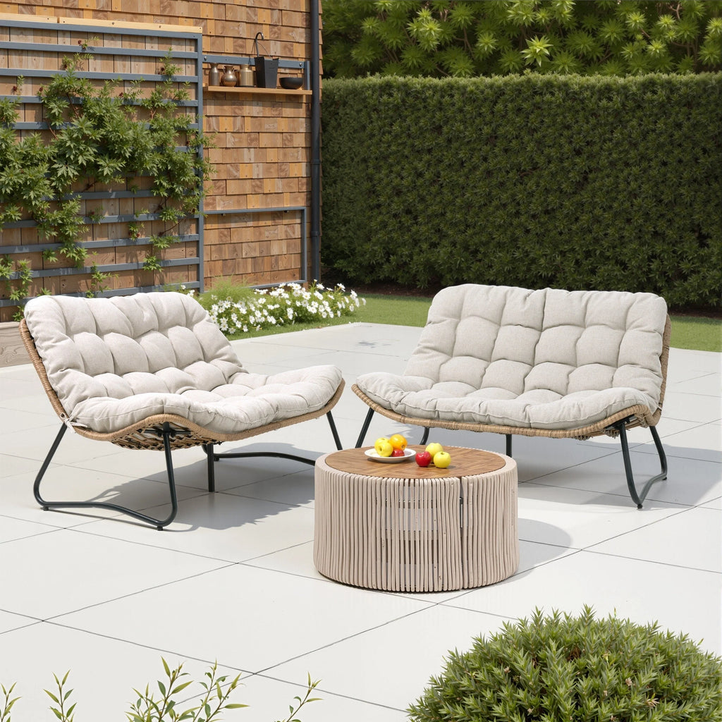 Fauteuil Double Papasan avec Coussin, en Rotin PE Résistant aux Intempéries et Cadre en Métal pour Intérieur et Extérieur