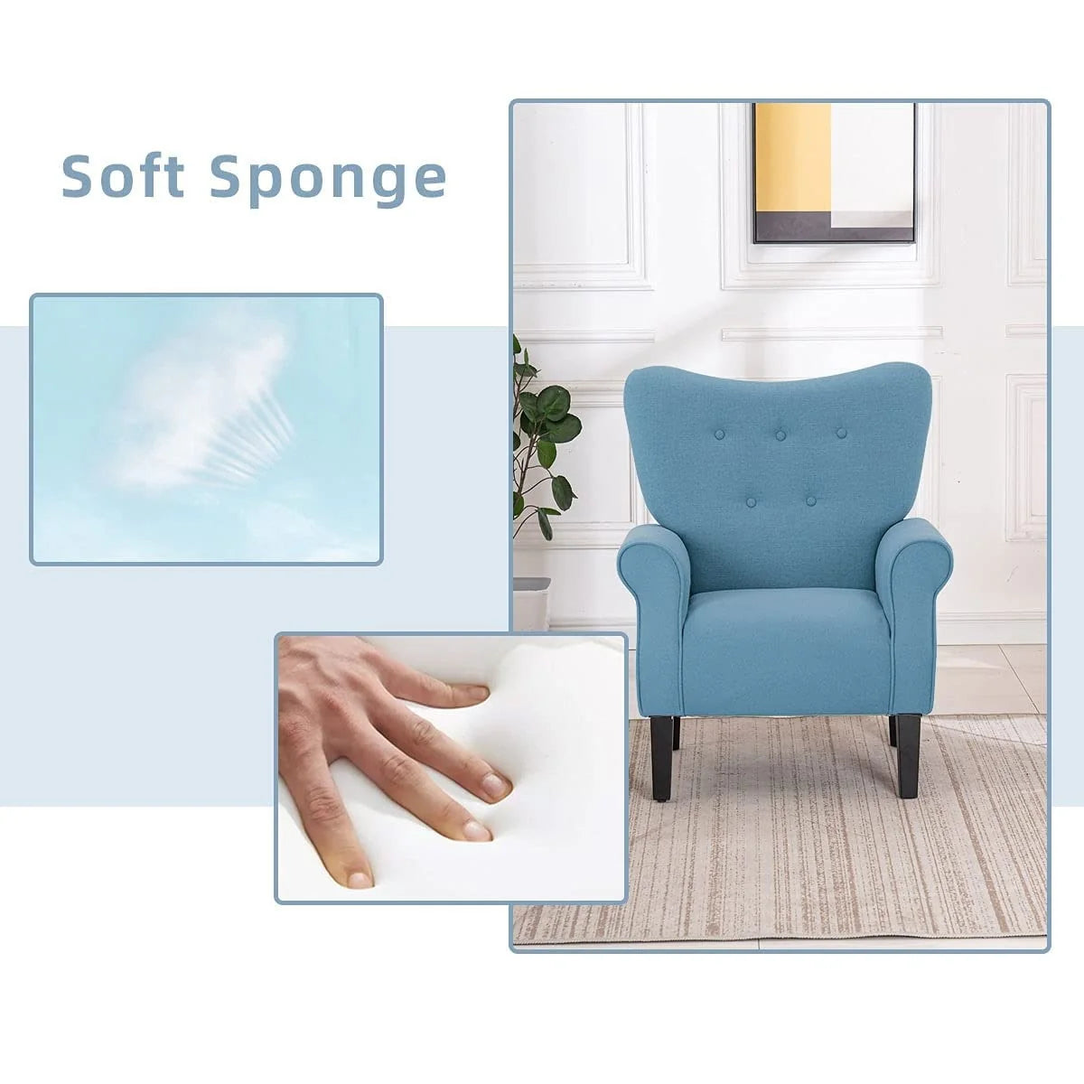 Fauteuil d'appoint moderne Erommy, fauteuil à dossier haut, canapé individuel en tissu capitonné avec pieds en bois pour salon