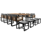 Ensemble de salle à manger de patio en bois d'acacia de 18 pièces, 8 chaises coussinées et 8 poufs et 2 tables carrées