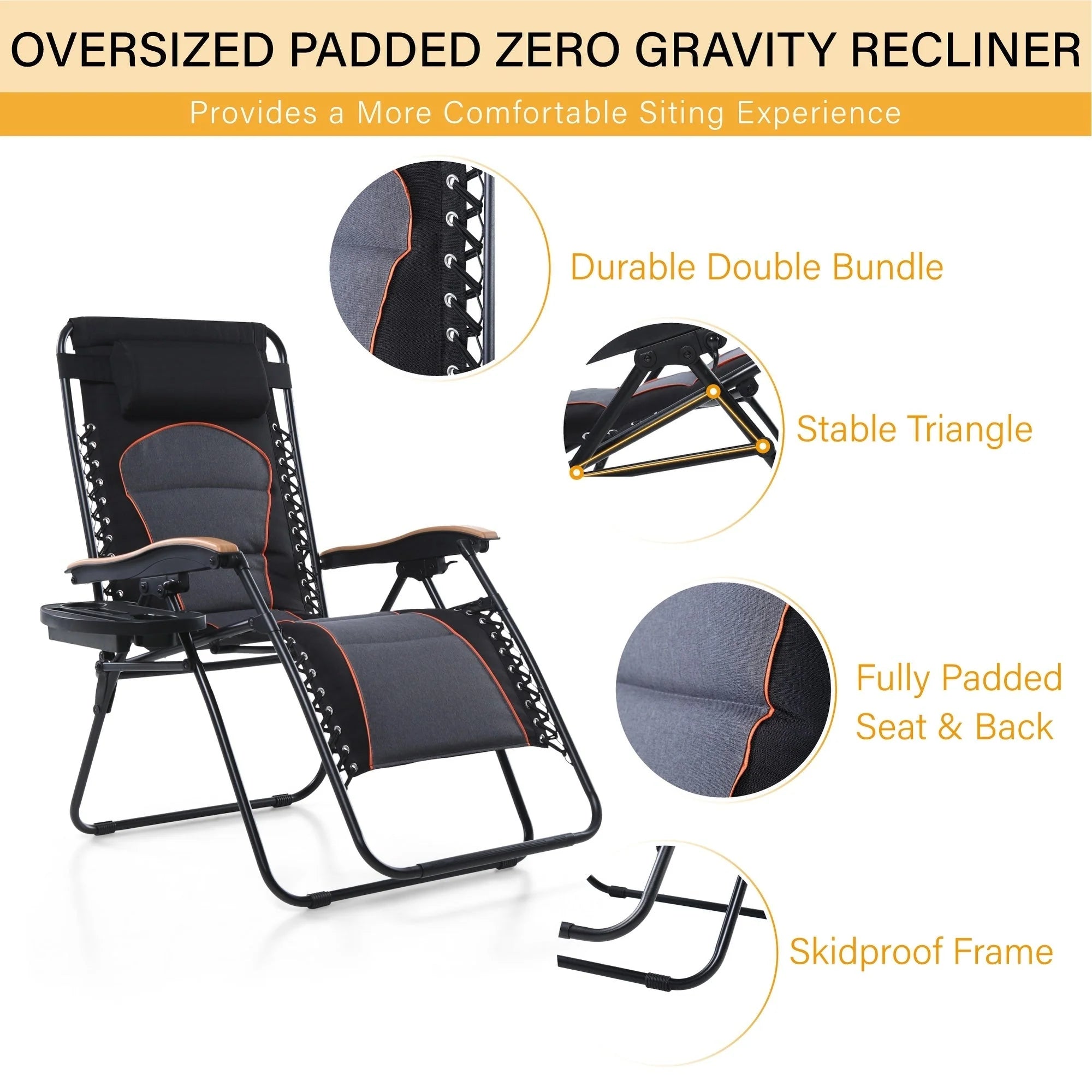 Fauteuil de relaxation zéro gravité XL surdimensionné et rembourré, avec accoudoirs plus larges, inclinable et porte-gobelet - N/A