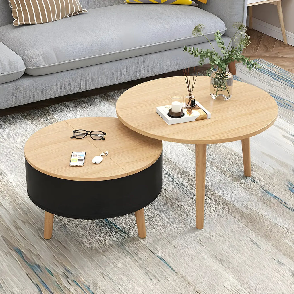 Table basse ronde en bois noir et blanc moderne avec rangement