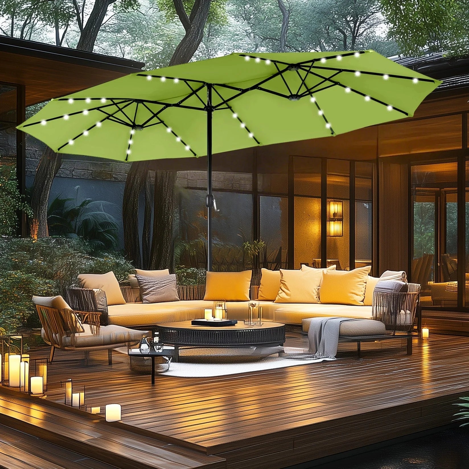 MAISON ARTS Parasol de marché extérieur rectangulaire de 4,5 m avec manivelle, double face, lumières LED solaires et base incluse
