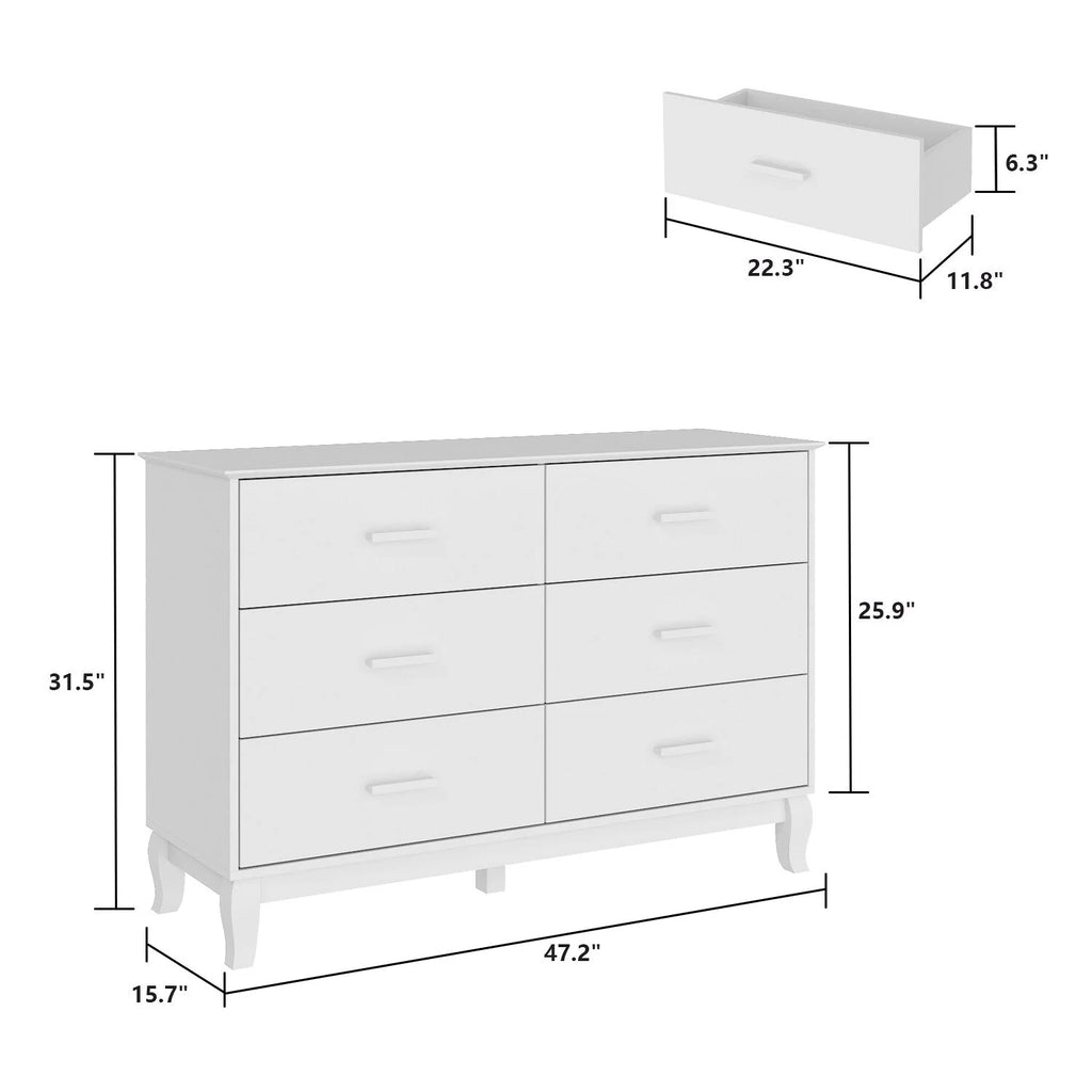 Commode double Timechee à 6 tiroirs, 120 cm de large, pieds en bois massif, finition laquée