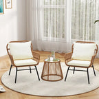 Ensemble de bistro 3 pièces pour terrasse, salon de jardin en rotin d'extérieur avec table en verre et 2 fauteuils larges, coussins d'assise