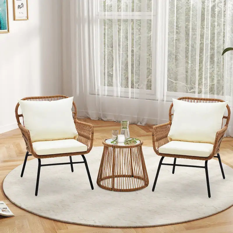 Ensemble de bistro 3 pièces pour terrasse, salon de jardin en rotin d'extérieur avec table en verre et 2 fauteuils larges, coussins d'assise