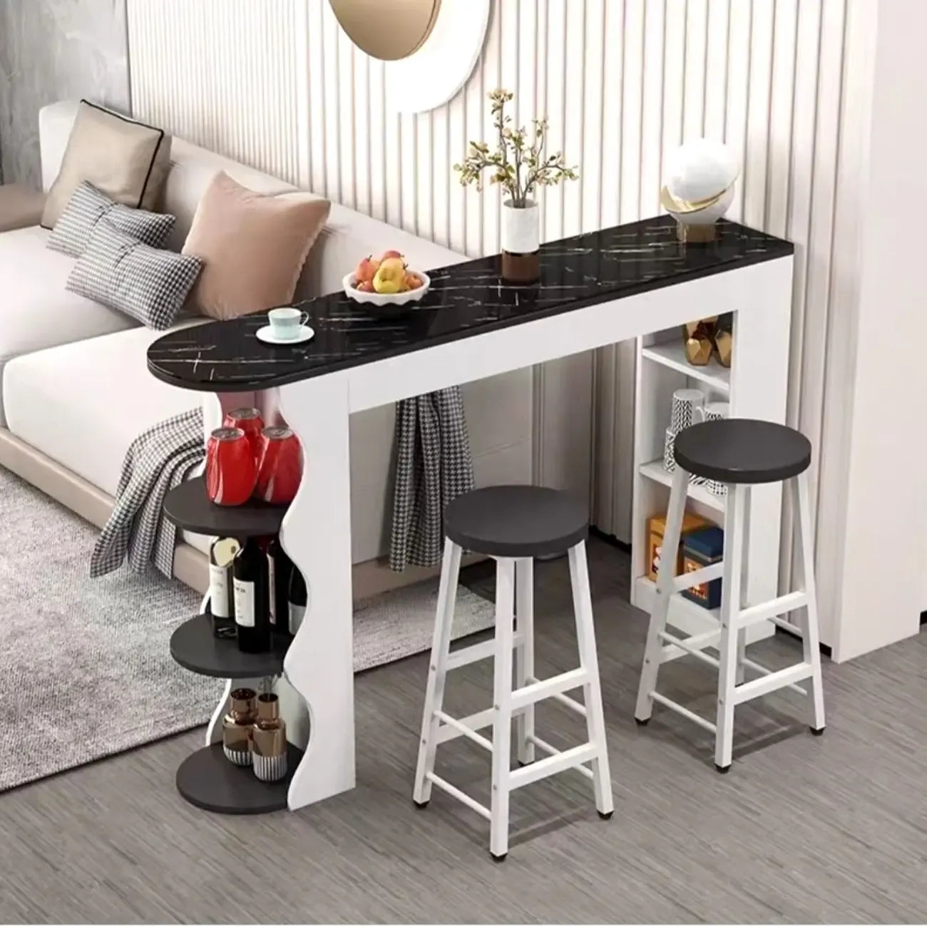 Tables de bar étagères asymétriques en bois noir et blanc modernes