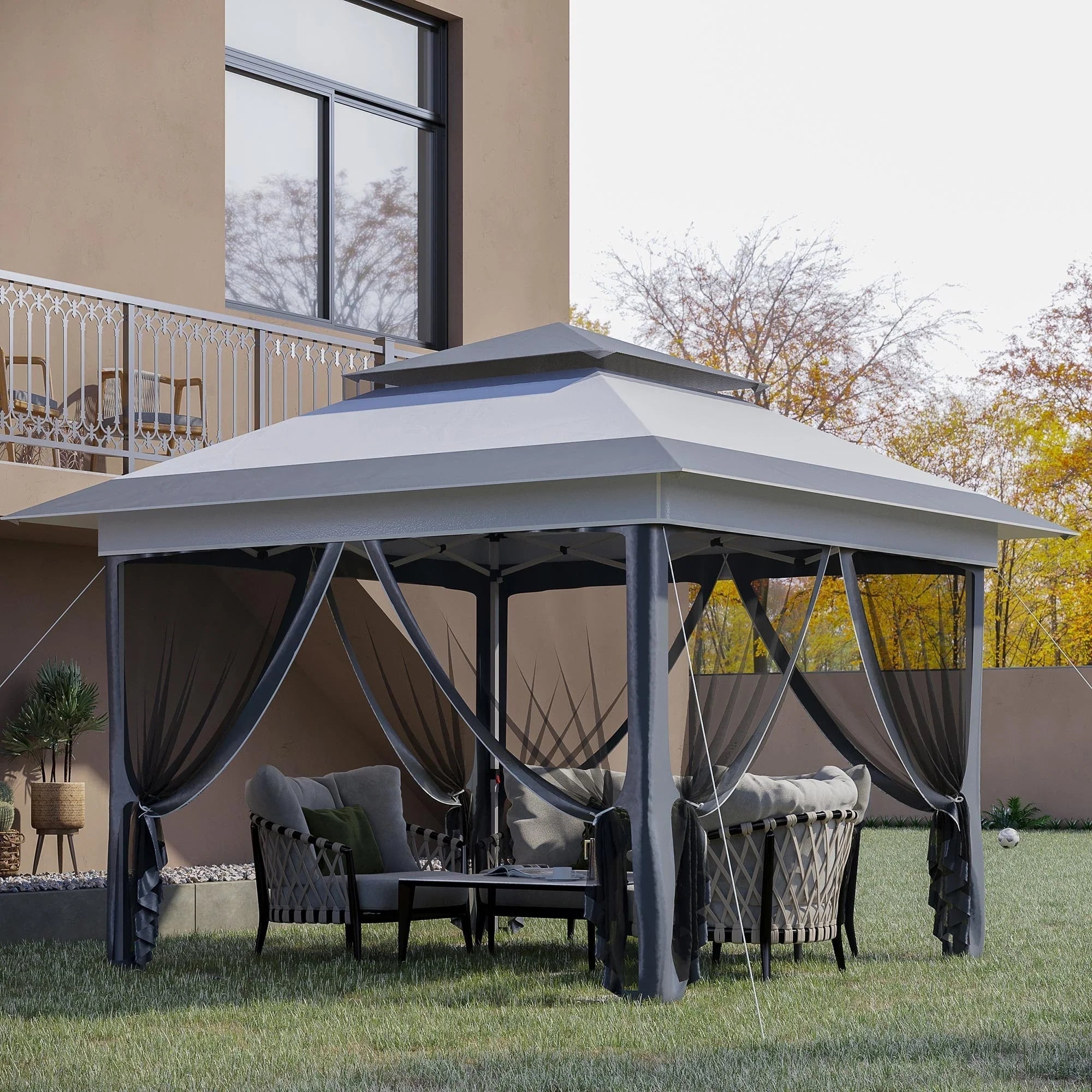 Outsunny Tonnelle Pop Up 3,6 x 3,6 m, Tente Pliante Instantanée avec Murs Latéraux en Maille Filet, Hauteur Réglable sur 3 Niveaux