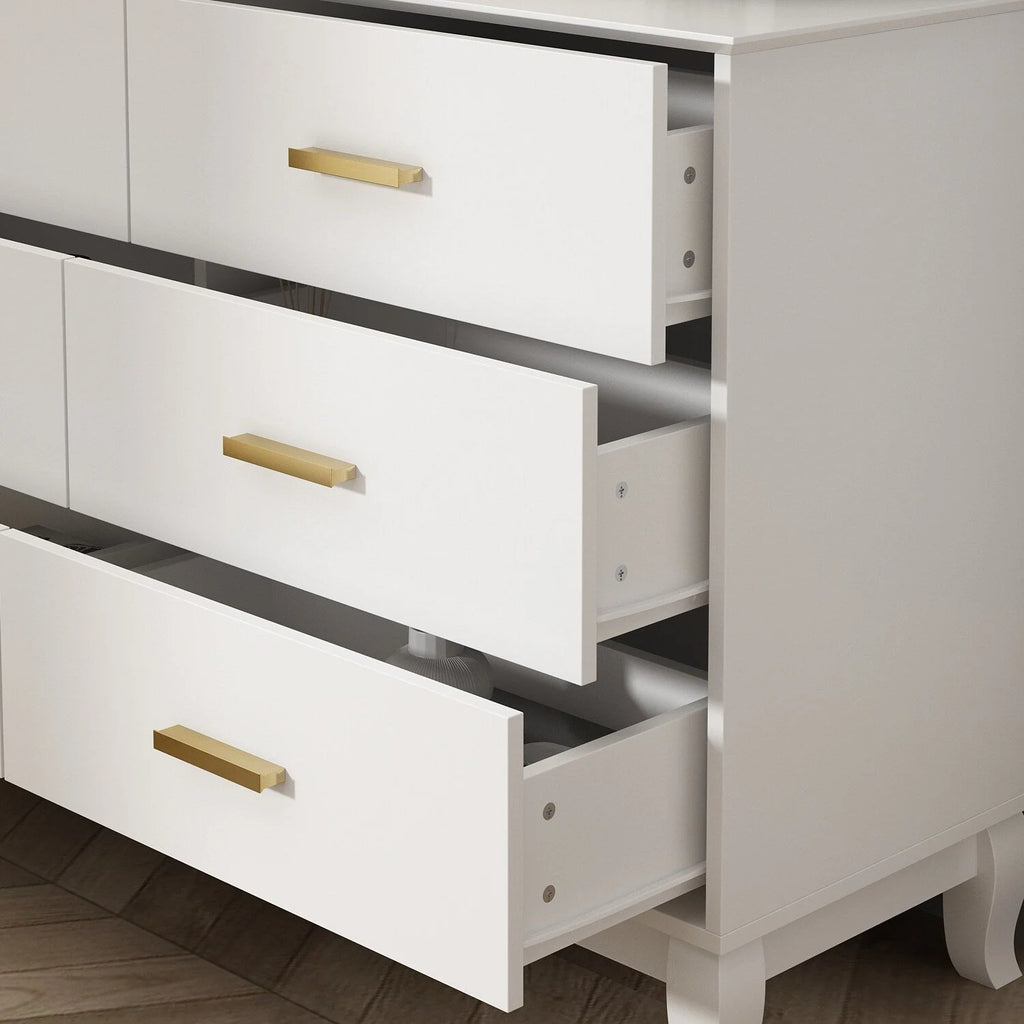 Commode double Timechee à 6 tiroirs, 120 cm de large, pieds en bois massif, finition laquée