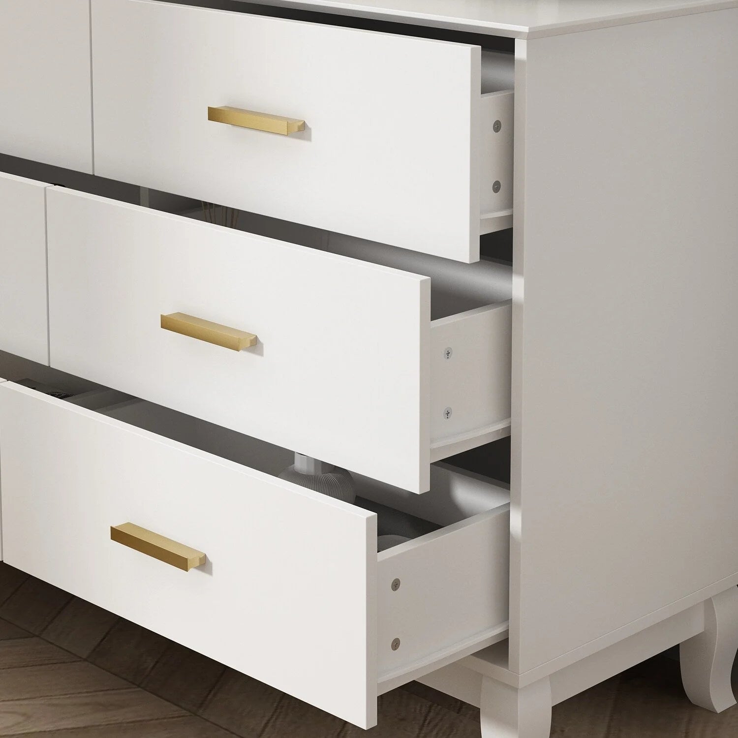 Commode double Timechee à 6 tiroirs, 120 cm de large, pieds en bois massif, finition laquée