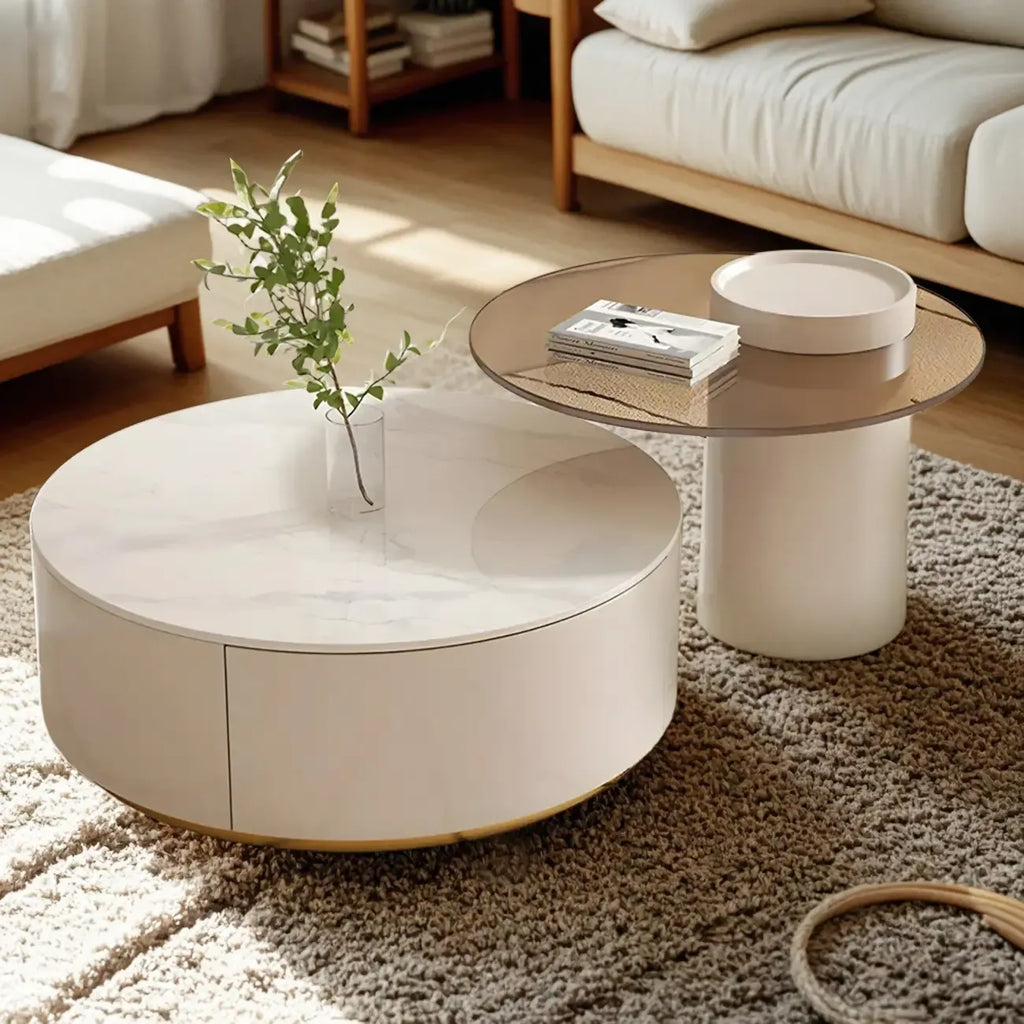 Table basse ronde moderne blanche avec tiroir en bois
