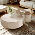 Table basse ronde moderne blanche avec tiroir en bois