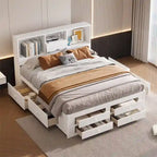 Lit plate-forme King Size avec tête de lit de rangement et 8 tiroirs