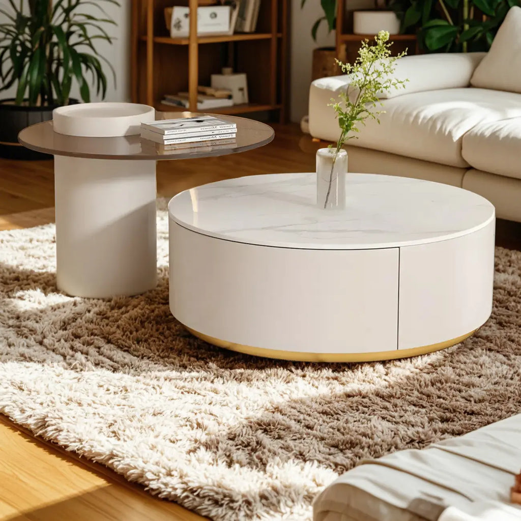 Table basse ronde moderne blanche avec tiroir en bois