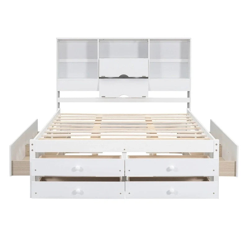 Lit plate-forme King Size avec tête de lit de rangement et 8 tiroirs