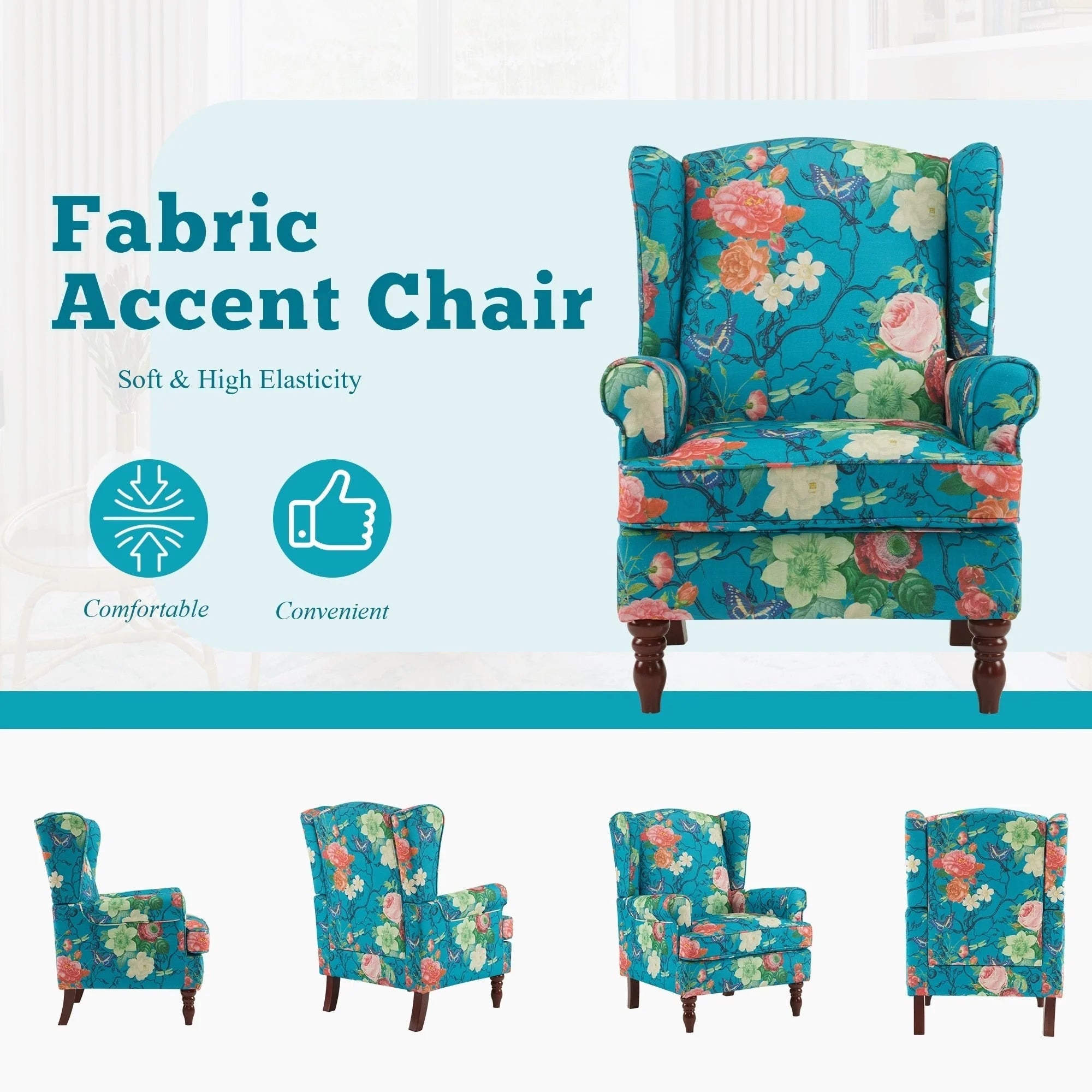 Fauteuil d'appoint moderne Erommy, fauteuil à dossier haut, canapé individuel en tissu capitonné avec pieds en bois pour salon