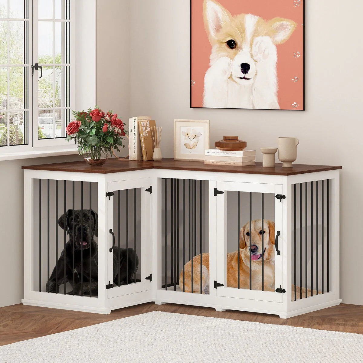 Meuble Grande Cage d'Angle pour 2 Chiens, Cage en Forme de L - 58,7X41,1