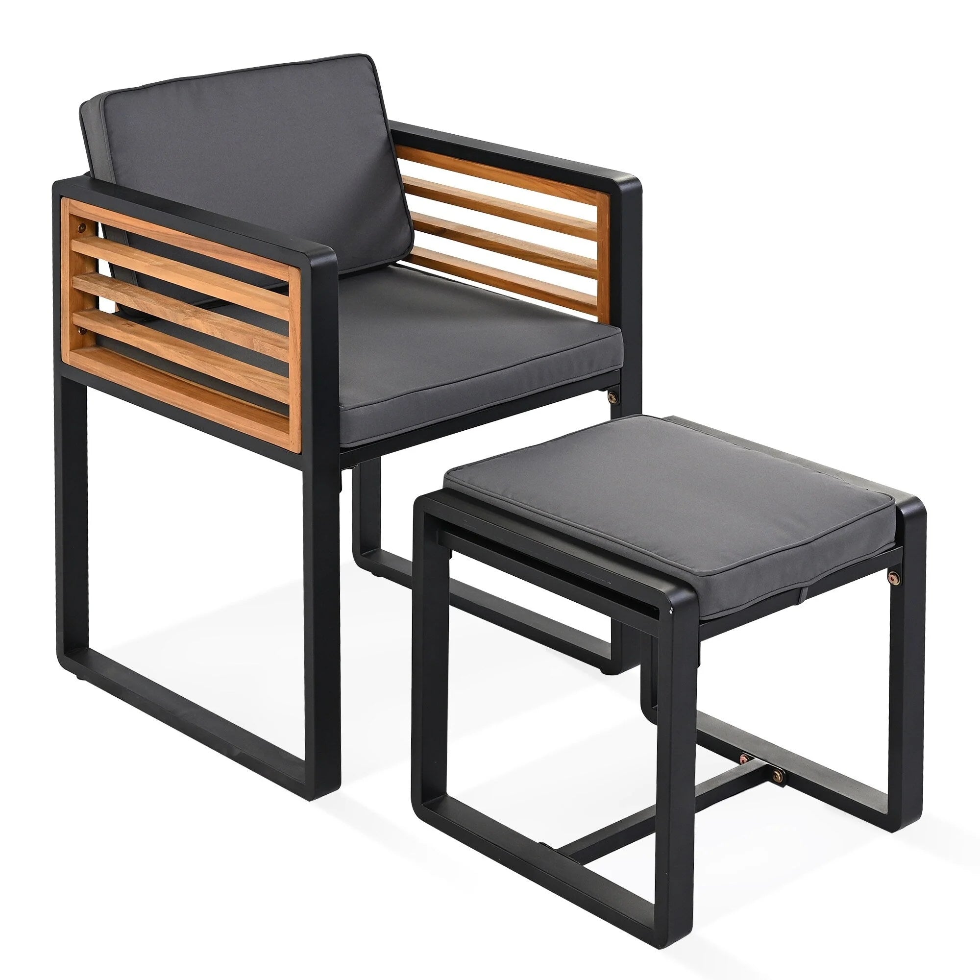 Ensemble de salle à manger de patio en bois d'acacia de 18 pièces, 8 chaises coussinées et 8 poufs et 2 tables carrées