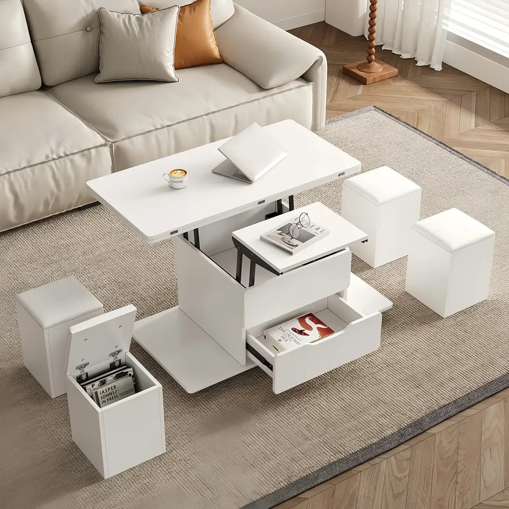 Table basse relevable et pliable avec 4 tabourets et rangement