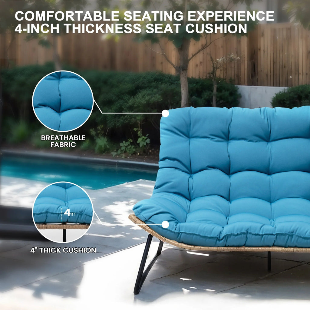 Fauteuil Double Papasan avec Coussin, en Rotin PE Résistant aux Intempéries et Cadre en Métal pour Intérieur et Extérieur