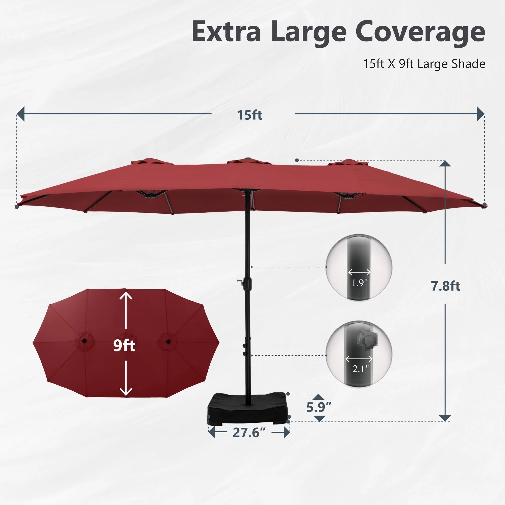 MAISON ARTS Parasol double de 4,5 m pour terrasse, grande taille, avec pied inclus