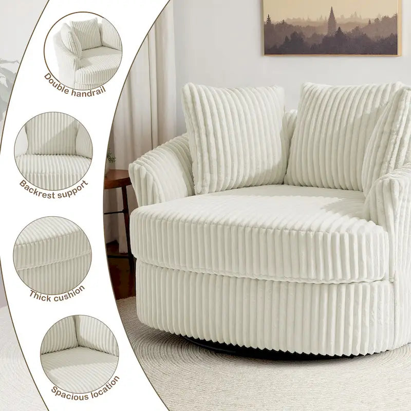 Lot de 2 fauteuils pivotants ronds surdimensionnés en velours côtelé moelleux de 43 po avec oreillers