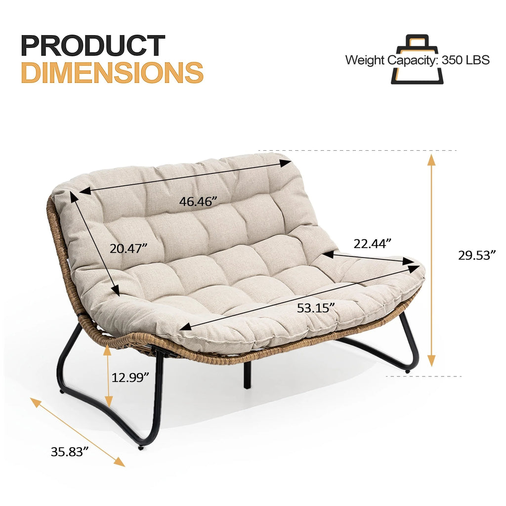 Fauteuil Double Papasan avec Coussin, en Rotin PE Résistant aux Intempéries et Cadre en Métal pour Intérieur et Extérieur